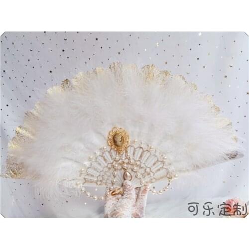 Fan lolita original wild fairy white feather folding fan photo props pearl tea party wedding