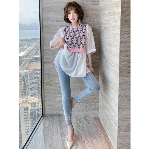 Top Quality Jacquard knitted stitched shirt sleeve top+New jeans set for summer