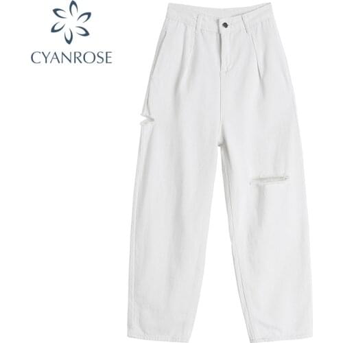 Cut Hollow Ripped Hole High Waist Jeans For Women Summer 2021 Korean Ins Style White Loose Casual Ladies Wide Leg Denim Pants