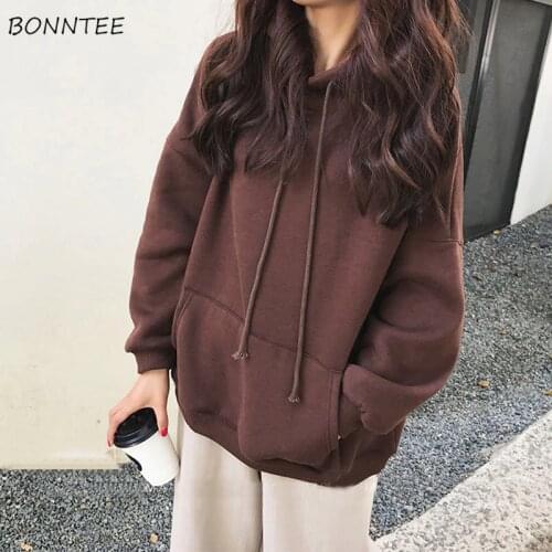 Hoodies Women Hooded Korean Style High Quality Thicker Velvet Solid Students Harajuku Streetwear BF Couples Womens Lovely Brown