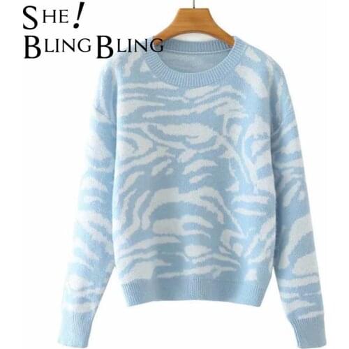 SheBlingBling Za Woman 2021 Casual Pull Autumn Winter Zebra Stripes Knit Jumpers Drop Shoulder Loose Traf Sweaters Female Tops