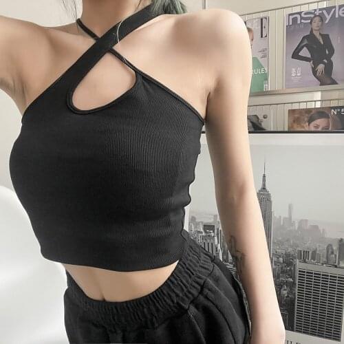 Women Cross Straps Plain Crop Top Female Chic Sexy Off Shoulder Halter Tank Tops Streetwear Slim Basic Tees Summer 2021