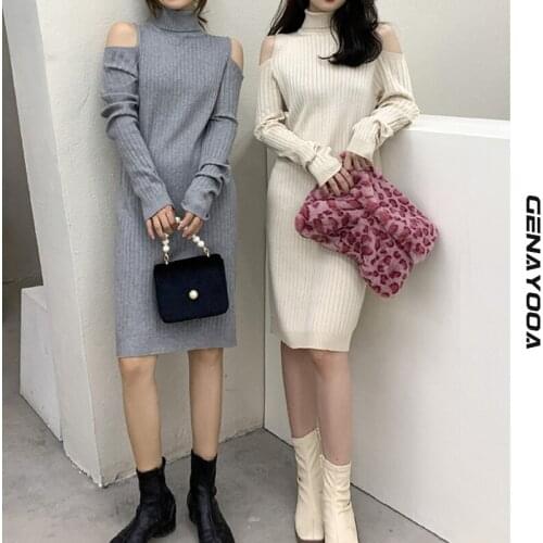 Genayooa Sheath Sweater Dress Women Korean Turtleneck Pullover Off Shoulder Knitted Dress Knee-length Sexy Spring Autumn Vestido