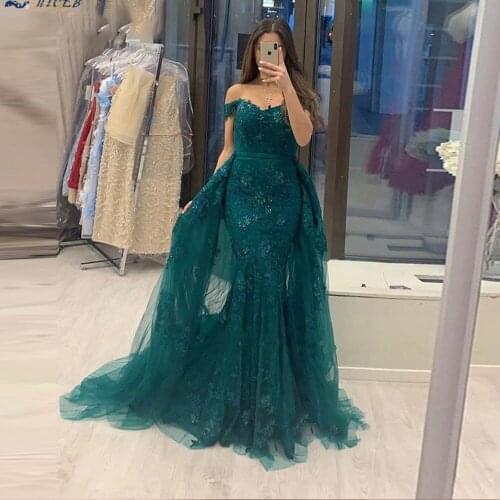 Dark Green Mermaid Lace Evening Dress Party Elegant 2021 Off The Shoulder Prom Gown Detachable Train 2 in 1 Long Open Back