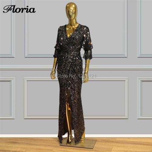 Aibye Dubai Long Evening Dresses Arabic Sparkly Split Side Slit Prom Dress Vestidos De Festa Beading V Neck Party Gowns Girls