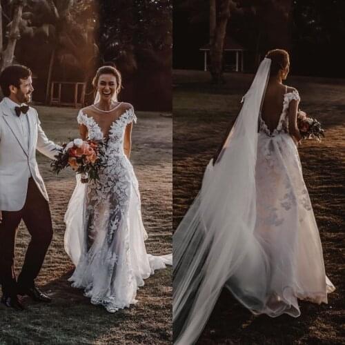 Bohemian A Line Wedding Dresses 2021 IllusionSheer Neck Short Sleeve Lace Appliques Bridal Gowns Plus Size Vestido De Noiva
