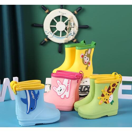 Childrens Rain Boots Non-Slip High Tube Mid-Calf Crew Cartoon Velvet Rain Shoes Baby Thickening and Wear-Resistant Boots