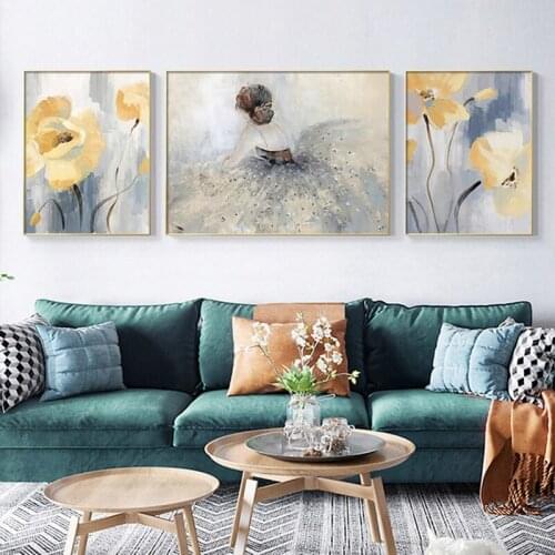 Nordic Girl Art Wall Canvas Painting Yellow Flower Poster Mural Living Room Home Painting Wall Decoration Cuadros Decorativos