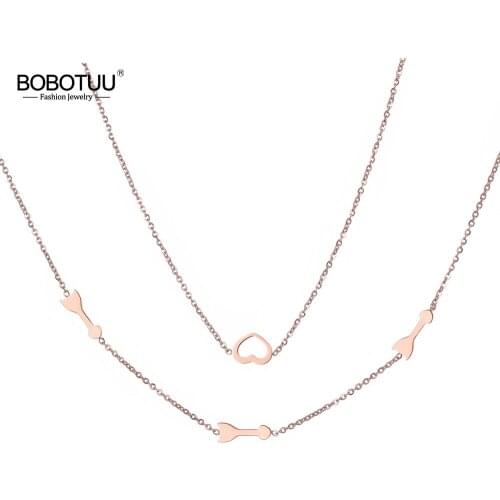 BOBOTUU 2 Layers Necklace Stainless Steel Fashion Jewelry Rose Gold Cupids Arrow & Heart Necklaces For Christmas Gift BN18278
