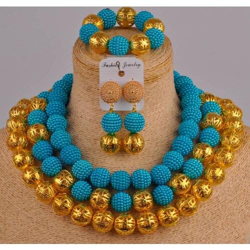 Pretty turquoise blue and gold african beads costume necklace jewelry set women nigerian wedding sets ZZ22