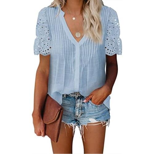 Fashion V-neck White Lace Patchwork Chiffon Womens T-shirt 2021 Summer Casual Women Tees Shirt Top Solid Blue Ladies T-shirts