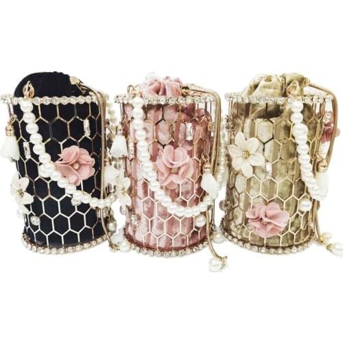 Fashion Flower Shoulder Bags Bags Flap Box Handbags Barrel Metal Frame Women Pearl Chain Tote Bags