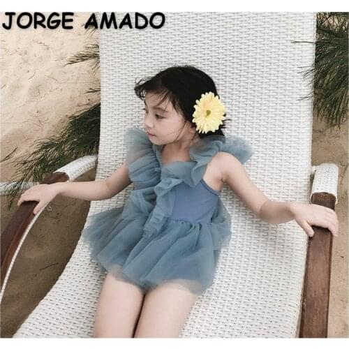 2021 New Summer Kids Girls Swimwear One Piece Solid Color Sling Swimsuit Children Cute Style Hot Spring Clothes E2627