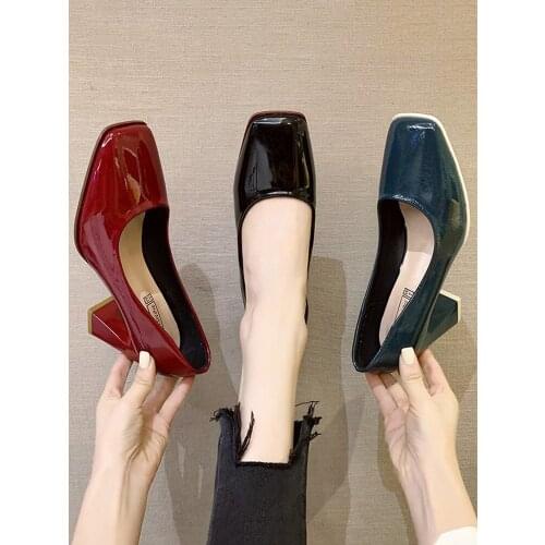2021 spring and autumn new ladies retro thick heel single shoes square toe patent leather high heel shoes