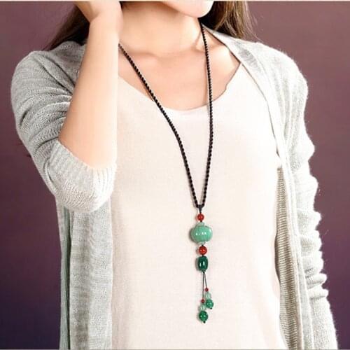 Natural Green Beautiful DONGLING Stone Pendant Necklace Sweater Chain Pendant Fashion DIY Stone Jewelry Accessories+Rope