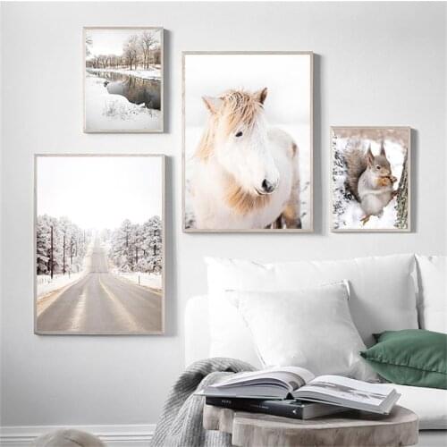 Pony Squirrel Highway Winter Forest House Wall Art Canvas Painting Nordic Posters And Prints Wall Pictures For Living Room Decor