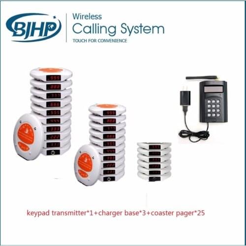 Restaurant queue management system keypad transmitter*1+charger base*3+coaster pager*25
