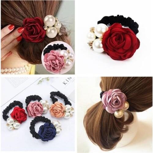 1Pc Women Fashion Style Big Rose Flower Pearl Rhinestone Hair Bands Elastic Hair Rope Ring for Girls Hair Accessories