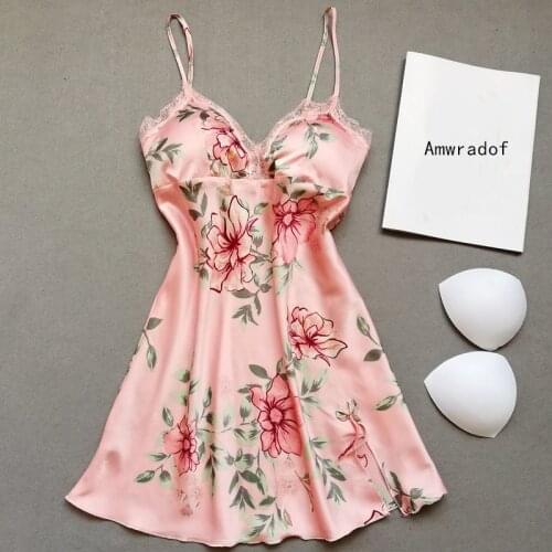 Sexy Women Fashion Flower Lace Printed Ice-silk Nightgown Sleepwear For Female Sleepdress