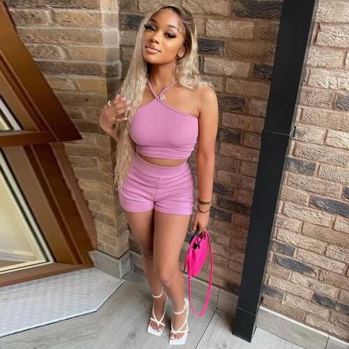 Sexy Knitted Suit Women 2 Piece Club Outfits Summer Clothes Criss Halter Backless Camisole Tops and Stretchy Short Co-ord Sets