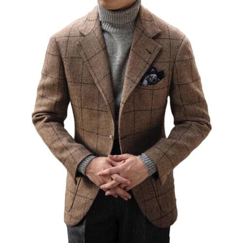 Wool Mens Blazer Retro Gentleman Style Custom Made Plaid Suits Formal Singal Breasted Smart Casual Party Evening Wedding Wear