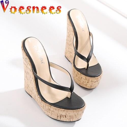 Summer New Flip Flops Wedges Women Shoes Walk Show Slides Peep Toe Mixed Colors Beach Sandals Pole Dance Wood Grain High Heels