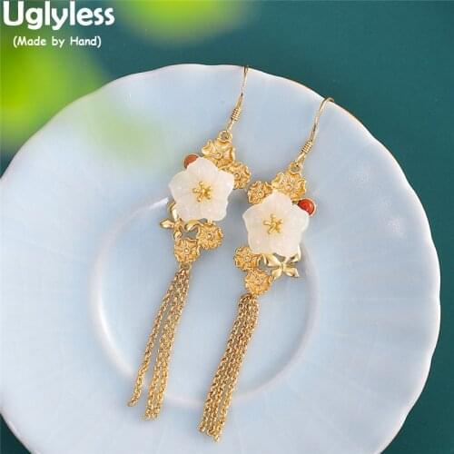Uglyless Natural Jade Plum Blossom Earrings for Women Multi Gold Chains Tassel Earrings 925 Silver Long Floral Brincos Bijoux
