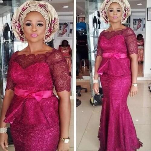 Fuchsia Mermaid Evening Dresses 2020 Short Sleeves Lace Peplum Prom Gowns With Sash Nigerian African Black Girls Party Dress