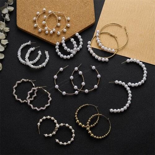 Vintage Earrings Gold Color Metal Pearl Hoop Earrings Fashion Big Circle Hoops Pendant Statement Earrings for Women Party Jewelr