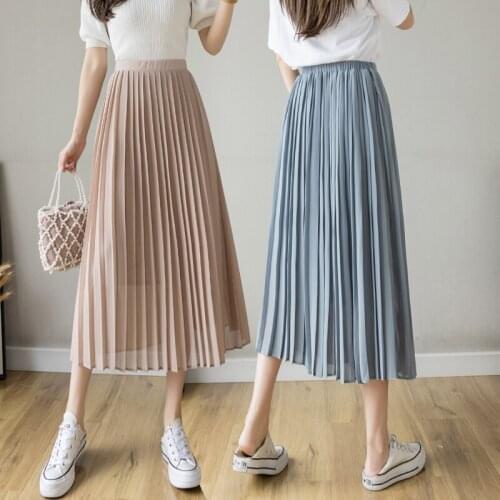 New Fashion High Waist Pleated Long Skirt Women Summer Casual Solid Color A-line Chiffon Skirt Female Elegant Midi Skirts