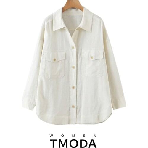 TMODA1670 Za 2021 Autumn Women Oversized Cotton Linen Jacket Ladies Loose Long Sleeves Pocket High Street Coat Female Chic Tops