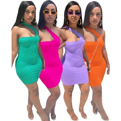 Women Solid Color Bodycon Dress Woman Skew Neck Sleeveless Strap One Shoulder Stretchy Skinny Dresses Sexy Night Party Vestidos