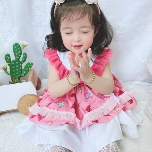 2PCS Summer Vintage Princess Spanish Lolita Pink Ball Gown Bow Sleeveless Birthday Party Dress For Baby Girl Cute Print Dress