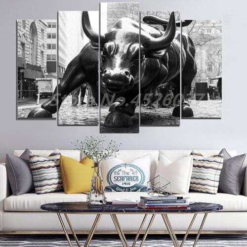 New York Landmark Charging Wall Street Bull 5 Pieces Canvas Painting Oil Print Poster Wall Art Picture For Living Room Home