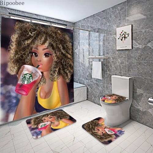 African Girl Drink Beverage Shower Curtain Lovely Beautiful Lady Bathroom Curtains Non-Slip Rugs Carpet Toilet Flannel Bath Mat