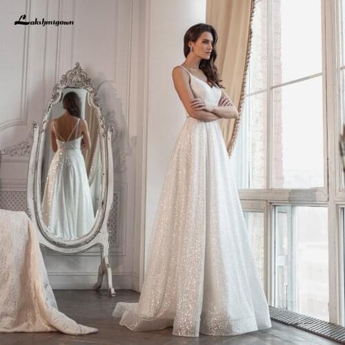 Glitter A Line Wedding Dress Spaghetti Straps 2021 Robe Femme Deep V Neck Bling Tulle Princess Bridal Receipt Wedding Gowns
