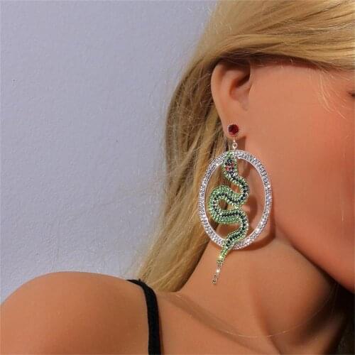 Personality Rhinestone Big Circle Green Snake-Shaped Pendant Ladies Necklace Jewelry Fashion Exaggerated Crystal Ear Jewelry