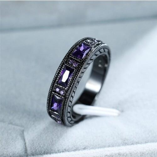 Elegant Female Purple Square Stone Ring Vintage Black Gold Wedding Rings For Women Promise Love Engagement Ring