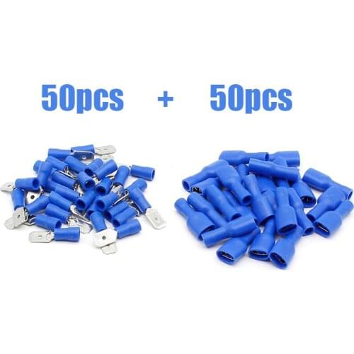 FDFD2-250*50 MDD2-250*50 16-14AWG BLUE Insulated Spade Crimp Wire Cable Connector Terminal Male/Female Kit 100PCS 50pair