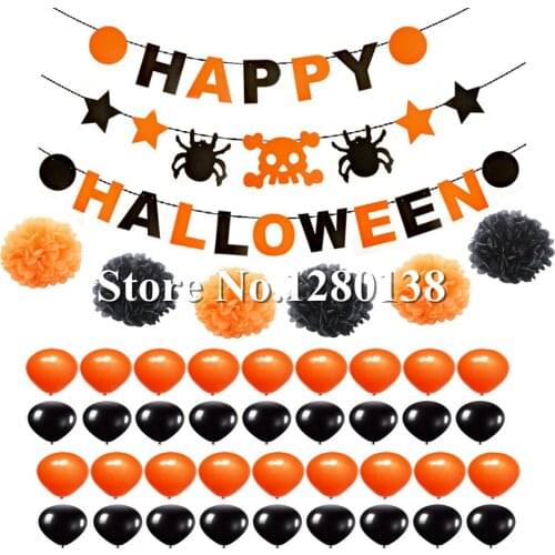 HPYDIY Orange & Black Happy Halloween Banner Tissue Paper Tassel Garland Balloons for KTV Bar Halloween Party Decorations