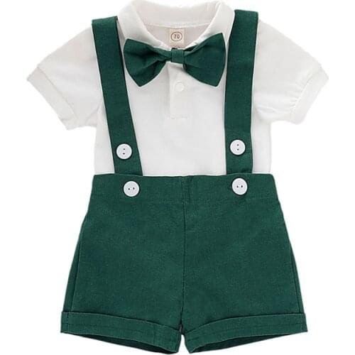 3 Pcs Newborn Solid Color Outfits Sets Baby Boys Short Sleeve Lapel Romper + Suspender Pants + Bow Tie Babys Boys Clothing Set