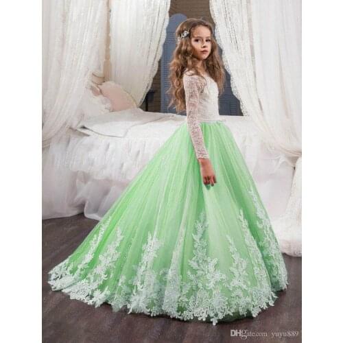 Adorable Baby Girl Flower Girl Dresses New 3/4 Long Sleeves Crew Neck Appliques with Beaded Sash Long Kids Formal Wear Gowns