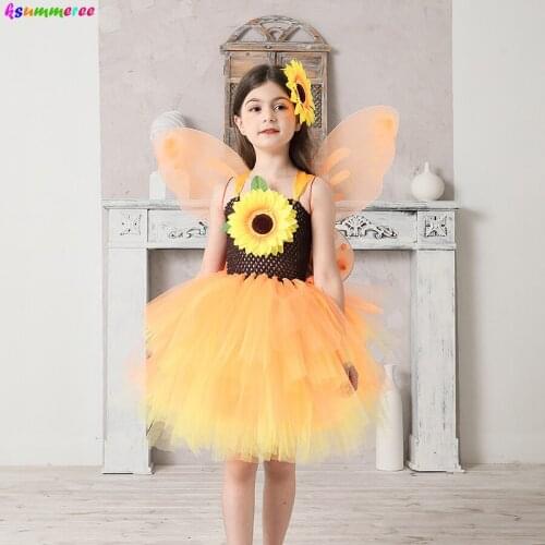 Handmade Girls Fall Fairy Tutu Dress Wing Costume Kids Sunflower Princess Tulle Dress for Girl Halloween Birthday Party Costume