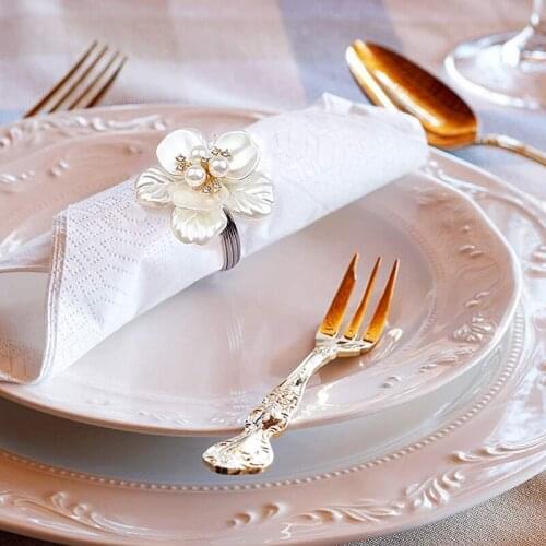 MLGB White Pearl Flower Napkin Rings Set of 6 Crystal Diamond Napkin Rings for Wedding Birthday Party Holder Dining Kitchen