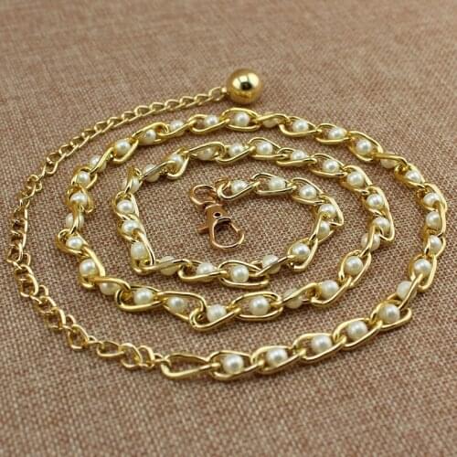 Fashion Elegant Ladies Pearl Waist Chain Metal Chain Belt Wild Thin Waistband Women Dress Accessories Belts Bohemian Slim Belt