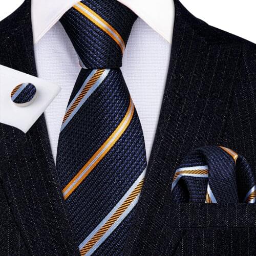 Fashion New Navy Striped 100% Silk Tie Gifts For Men Gifts Suit Wedding Tie Barry.Wang NeckTies Hanky Sets Business LN-5330