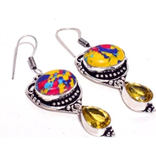 Mosaic Jasper + Citrine Silver Overlay on Copper Earrings , Hand made Women Jewelry Gift