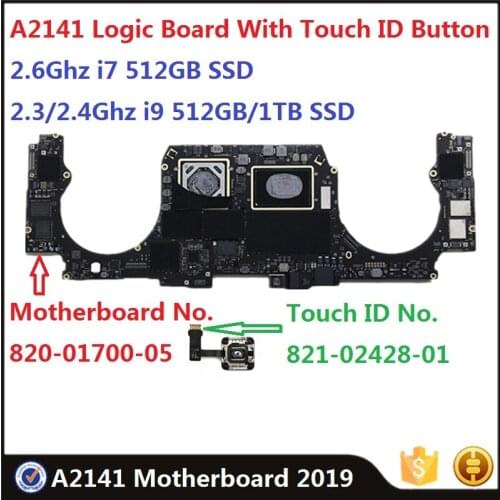 Original A2141 Logic Board 820-01700-05 for MacBook Pro Retina 16" 2019 2.6/2.3/2.4Ghz i7 i9 512GB 1TB Logic Board With Touch ID