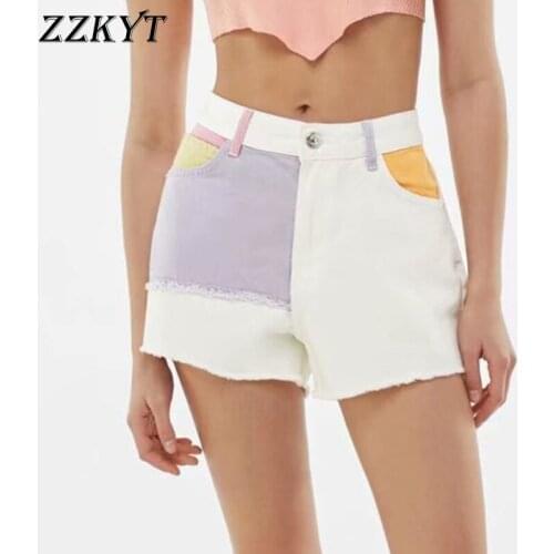 ZZKYT 2021 Women Summer Fashion Color Patchwork Pockets Shorts Vintage High Waist Zipper Female Casual Streetwear Short Pants
