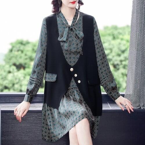 2021 Spring Green Print Silk Satin Two Piece Mini Dresses Women 3XL Plus Size Long Sleeve Dresses Elegant Bodycon Party Vestidos